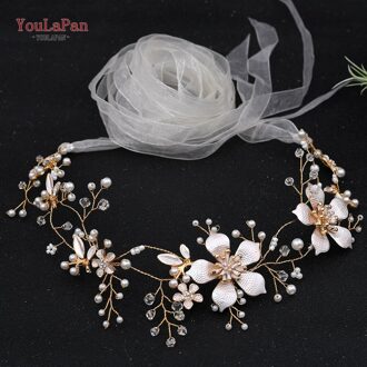 Youlapan SH357 Bruiloft Strass Trim Riem Gouden Bruids Riem Bloemen Bruids Sjerpriem Crystal Bruiloft Riemen Bruids Lint Sash ivoor organza