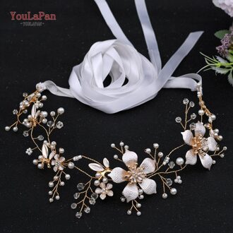 Youlapan SH357 Bruiloft Strass Trim Riem Gouden Bruids Riem Bloemen Bruids Sjerpriem Crystal Bruiloft Riemen Bruids Lint Sash wit lint