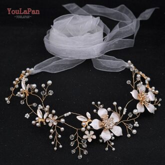 Youlapan SH357 Bruiloft Strass Trim Riem Gouden Bruids Riem Bloemen Bruids Sjerpriem Crystal Bruiloft Riemen Bruids Lint Sash wit organza
