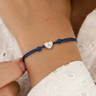 YourSurprise Gepersonaliseerde koord armband - Blauw - Zilver hartje