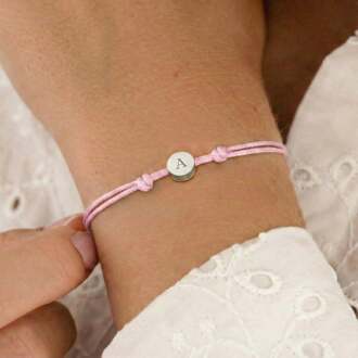 YourSurprise Gepersonaliseerde koord armband - Roze - Zilver rondje