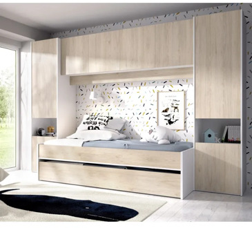 Youth bedroom in KIT bed nest with wardrobe and loft model KWAI color white brightness and natural
