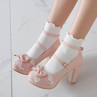 YQBTDL Summer 2020 Ladies Heels Platform Cute Bow Lace Princess Mary Jane Lolita Shoes Party High Heel Buckle Women Pumps Pink