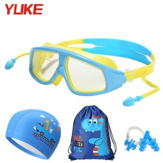 Yuke Professionele Kids Zwembril Anti-Fog Met Badmuts Tas Kinderen Swim Eyewear Waterdicht Jongens Meisjes Zwembad Bril lucht blauw