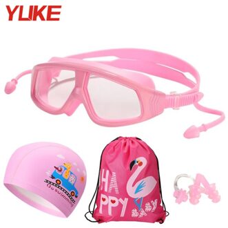 Yuke Professionele Kids Zwembril Anti-Fog Met Badmuts Tas Kinderen Swim Eyewear Waterdicht Jongens Meisjes Zwembad Bril Roze