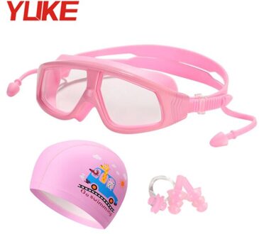Yuke Professionele Kids Zwembril Anti-Fog Met Badmuts Tas Kinderen Swim Eyewear Waterdicht Jongens Meisjes Zwembad Bril roze