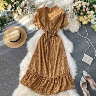 Yuoomuoo Aankomst Vrouwen Korte Mouw Bloem Gedrukt Midi Jurk Zomer O-hals Vintage Ruches Jurk Zonnejurk Vestidos Geel
