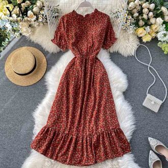 Yuoomuoo Aankomst Vrouwen Korte Mouw Bloem Gedrukt Midi Jurk Zomer O-hals Vintage Ruches Jurk Zonnejurk Vestidos koraal rood