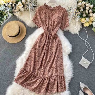 Yuoomuoo Aankomst Vrouwen Korte Mouw Bloem Gedrukt Midi Jurk Zomer O-hals Vintage Ruches Jurk Zonnejurk Vestidos Roze