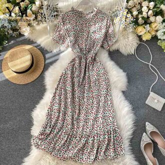 Yuoomuoo Aankomst Vrouwen Korte Mouw Bloem Gedrukt Midi Jurk Zomer O-hals Vintage Ruches Jurk Zonnejurk Vestidos wit