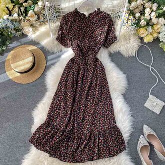 Yuoomuoo Aankomst Vrouwen Korte Mouw Bloem Gedrukt Midi Jurk Zomer O-hals Vintage Ruches Jurk Zonnejurk Vestidos zwart