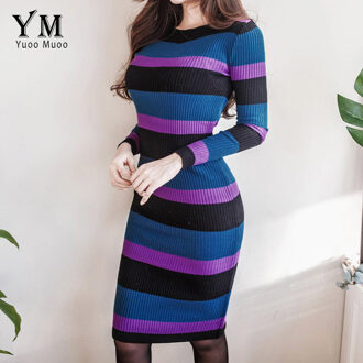 YuooMuoo Herfst Winter Vrouwen Trui Jurk O-hals Gebreide Bodycon Lange Mouw Kantoor Jurk Mode Multicolor Gestreepte Jurk