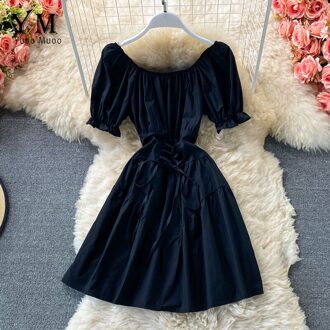 Yuoomuoo Hete Zomer Jurk Retro Gothic Bandage Taille Wit Zwart Mini Jurk Sexy Off Shoulder Korte Puff Mouwen Party jurk