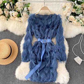 Yuoomuoo Ins Luxe Kwastje Korte Vrouwelijke Vestidos Vrouwen O-hals Lange Mouw Elegante Festival Party Jurk Met Riem Blauw