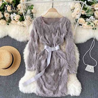 Yuoomuoo Ins Luxe Kwastje Korte Vrouwelijke Vestidos Vrouwen O-hals Lange Mouw Elegante Festival Party Jurk Met Riem Grijs