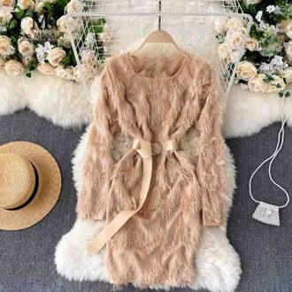 Yuoomuoo Ins Luxe Kwastje Korte Vrouwelijke Vestidos Vrouwen O-hals Lange Mouw Elegante Festival Party Jurk Met Riem khaki