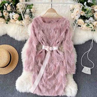 Yuoomuoo Ins Luxe Kwastje Korte Vrouwelijke Vestidos Vrouwen O-hals Lange Mouw Elegante Festival Party Jurk Met Riem Roze