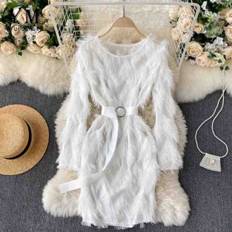 Yuoomuoo Ins Luxe Kwastje Korte Vrouwelijke Vestidos Vrouwen O-hals Lange Mouw Elegante Festival Party Jurk Met Riem wit