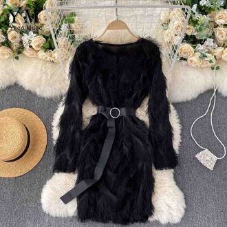 Yuoomuoo Ins Luxe Kwastje Korte Vrouwelijke Vestidos Vrouwen O-hals Lange Mouw Elegante Festival Party Jurk Met Riem zwart