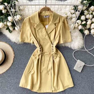 Yuoomuoo Ins Mode Gekerfd Zomer Jurk Elegante Vrouwen Double-Breasted Bandage Jurk Office Lady Koreaanse Vestidos geel / L