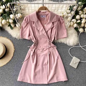 Yuoomuoo Ins Mode Gekerfd Zomer Jurk Elegante Vrouwen Double-Breasted Bandage Jurk Office Lady Koreaanse Vestidos Roze / M