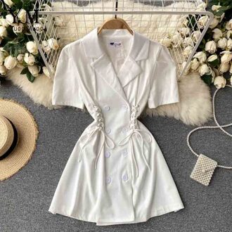 Yuoomuoo Ins Mode Gekerfd Zomer Jurk Elegante Vrouwen Double-Breasted Bandage Jurk Office Lady Koreaanse Vestidos wit / L