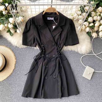Yuoomuoo Ins Mode Gekerfd Zomer Jurk Elegante Vrouwen Double-Breasted Bandage Jurk Office Lady Koreaanse Vestidos zwart / M