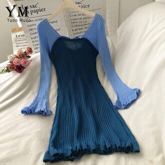 Yuoomuoo Ins Mode Golven Gebreide Vrouwen Jurk Europa Stijl Kleur Stiksels Lange Mouw Bodycon Jurk Potlood Dames Kantoor Jurk Blauw