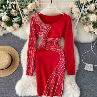 Yuoomuoo Ins Mode Golven Gebreide Vrouwen Jurk Europa Stijl Kleur Stiksels Lange Mouw Bodycon Jurk Potlood Dames Kantoor Jurk Rood
