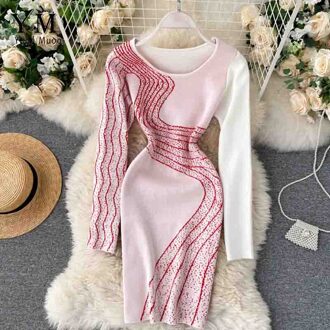 Yuoomuoo Ins Mode Golven Gebreide Vrouwen Jurk Europa Stijl Kleur Stiksels Lange Mouw Bodycon Jurk Potlood Dames Kantoor Jurk Roze