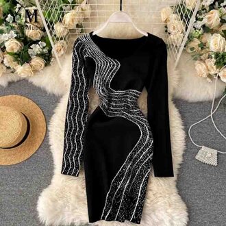 Yuoomuoo Ins Mode Golven Gebreide Vrouwen Jurk Europa Stijl Kleur Stiksels Lange Mouw Bodycon Jurk Potlood Dames Kantoor Jurk zwart