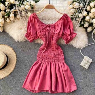 Yuoomuoo Mode Slanke Ruches Off Shoulder Zomer Jurk Vrouwen Elegante Bladerdeeg Mouw Ruches Mini Jurk Koreaanse Meisje Roze Feestjurk Roze / L