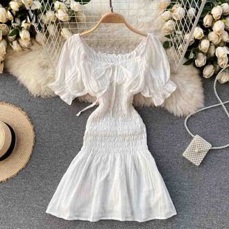 Yuoomuoo Mode Slanke Ruches Off Shoulder Zomer Jurk Vrouwen Elegante Bladerdeeg Mouw Ruches Mini Jurk Koreaanse Meisje Roze Feestjurk wit / S