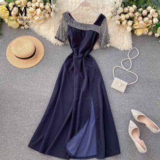 Yuoomuoo Shining Onregelmatige Kraag Vrouwen Rode Feestjurk Voorkant Split Maxi Jurk Tuniek Dames Zwarte Jurk Vestidos Blauw / M