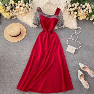 Yuoomuoo Shining Onregelmatige Kraag Vrouwen Rode Feestjurk Voorkant Split Maxi Jurk Tuniek Dames Zwarte Jurk Vestidos Rood / M