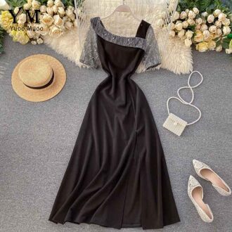 Yuoomuoo Shining Onregelmatige Kraag Vrouwen Rode Feestjurk Voorkant Split Maxi Jurk Tuniek Dames Zwarte Jurk Vestidos zwart / L