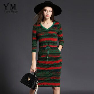 YuooMuoo Vrouwen Half Mouwen V-hals Riem Slanke Legergroen Gestreepte Jurk Lente Herfst Elegante Gebreide Knielange Jurken XXL