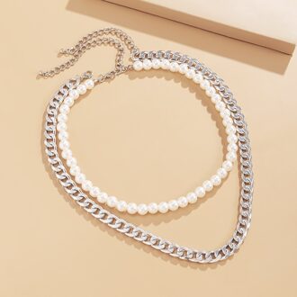 Ywzixln Trend Elegante Sieraden Bruiloft Grote Parel Ketting Voor Vrouwen Mode Witte Imitatie Parel Choker Ketting N0179 zilver