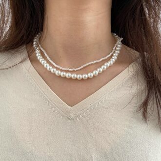 YWZIXLN Trend Elegante Sieraden Bruiloft Grote Parelsnoer Voor Vrouwen Mode Witte Imitatie Parel Choker Ketting N0179 Rhodium verguld