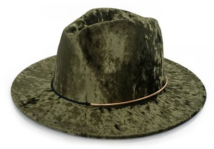 YY Fluwelen Vilten Hoed voor Vrouwen Herfst Winter Kerk Cap Platte Rand Met Gouden Ring Elegante Vintage Trilby Cap panama FD19027 Armygreen Fedora