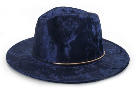 YY Fluwelen Vilten Hoed voor Vrouwen Herfst Winter Kerk Cap Platte Rand Met Gouden Ring Elegante Vintage Trilby Cap panama FD19027 blauw Velvet Fedora