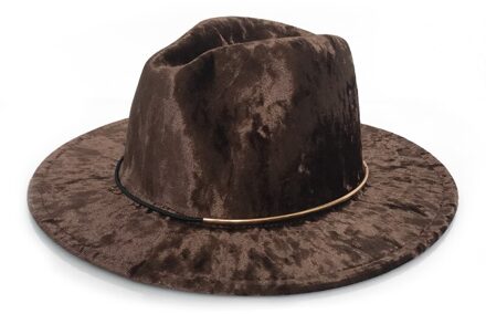 YY Fluwelen Vilten Hoed voor Vrouwen Herfst Winter Kerk Cap Platte Rand Met Gouden Ring Elegante Vintage Trilby Cap panama FD19027 bruin Velvet Fedora