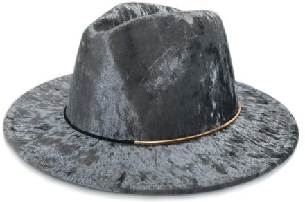 YY Fluwelen Vilten Hoed voor Vrouwen Herfst Winter Kerk Cap Platte Rand Met Gouden Ring Elegante Vintage Trilby Cap panama FD19027 grijs Velvet Fedora