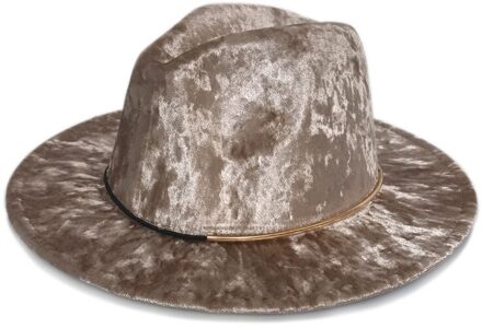 YY Fluwelen Vilten Hoed voor Vrouwen Herfst Winter Kerk Cap Platte Rand Met Gouden Ring Elegante Vintage Trilby Cap panama FD19027 khaki Velvet Fedora