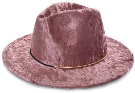 YY Fluwelen Vilten Hoed voor Vrouwen Herfst Winter Kerk Cap Platte Rand Met Gouden Ring Elegante Vintage Trilby Cap panama FD19027 roze Velvet Fedora
