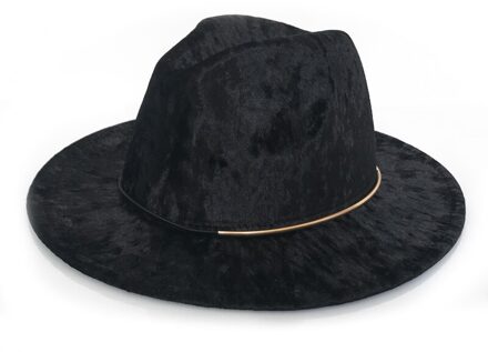 YY Fluwelen Vilten Hoed voor Vrouwen Herfst Winter Kerk Cap Platte Rand Met Gouden Ring Elegante Vintage Trilby Cap panama FD19027 zwart Velvet Fedora