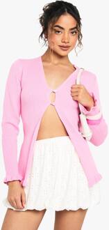 Zacht Gebreide Cardigan Met Lettuce Hem En Knopen, Pink - S