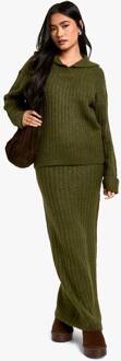 Zacht Gebreide Dikke Ribtrui Met Kraagdetail En Maxi Rok Set, Khaki