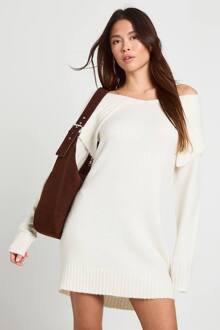 Zacht Gebreide Oversized Kraag Off-Shoulder Pullover Jurk, Ecru - L
