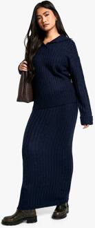 Zacht Gebreide Trui Met Dikke Ribkraag Detail En Maxi Rok Set, Navy